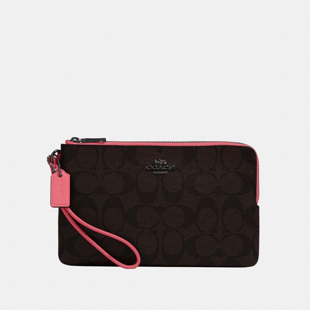 COACH 16109 DOUBLE ZIP WALLET IN SIGNATURE CANVAS QB/BROWN-PINK-LEMONADE