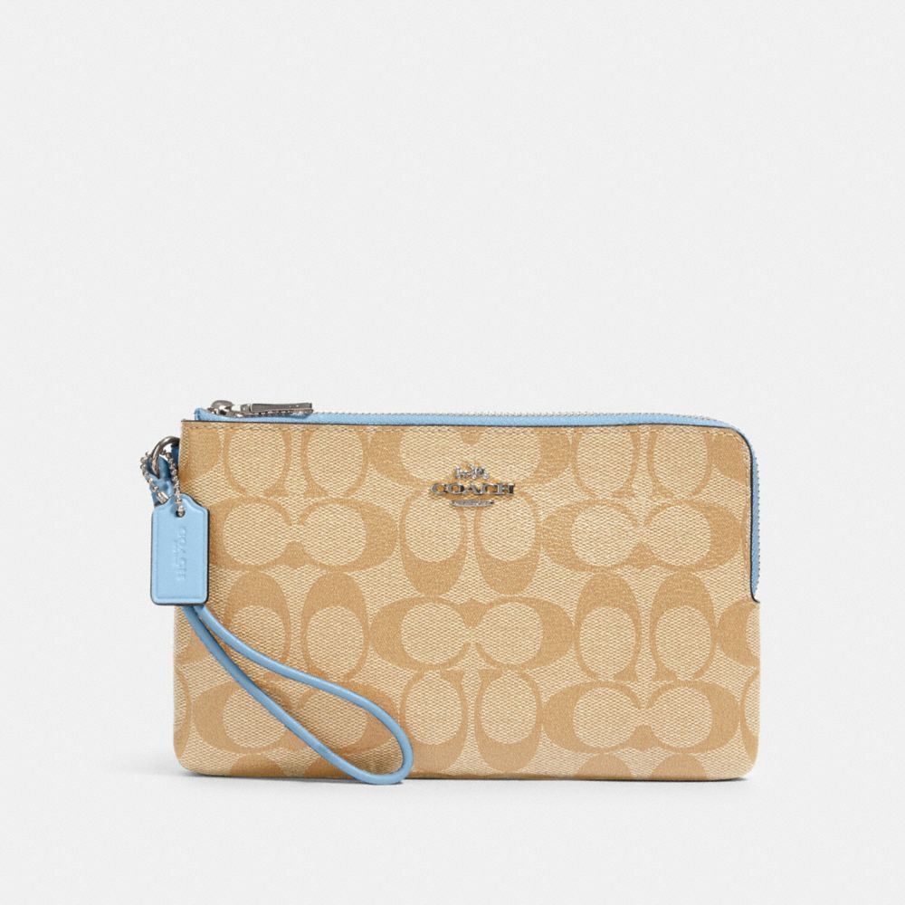 COACH 16109 DOUBLE ZIP WALLET IN SIGNATURE CANVAS SV/LIGHT-KHAKI/SLATE