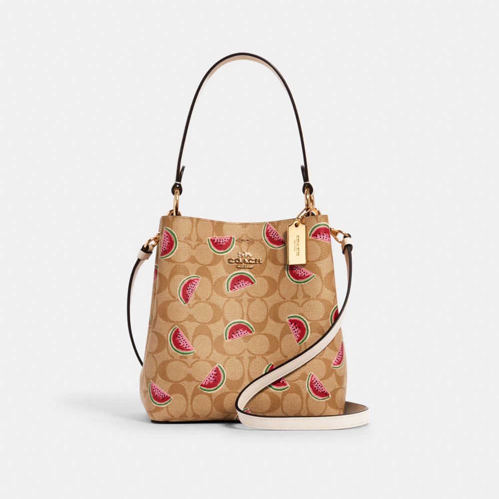 COACH 1619 SMALL TOWN BUCKET BAG IN SIGNATURE CANVAS WITH WATERMELON PRINT IM/LT-KHAKI/RED-MULTI