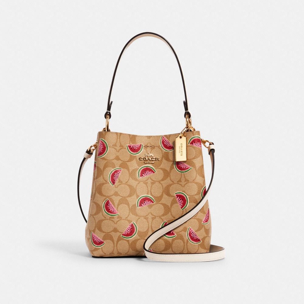 COACH 1619 SMALL TOWN BUCKET BAG IN SIGNATURE CANVAS WITH WATERMELON PRINT IM/LT KHAKI/RED MULTI