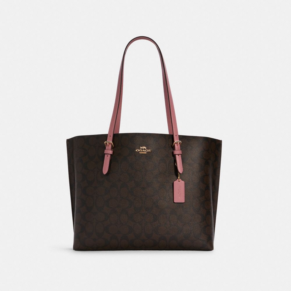 Mollie Tote In Signature Canvas - 1665 - GOLD/BROWN/TRUE PINK