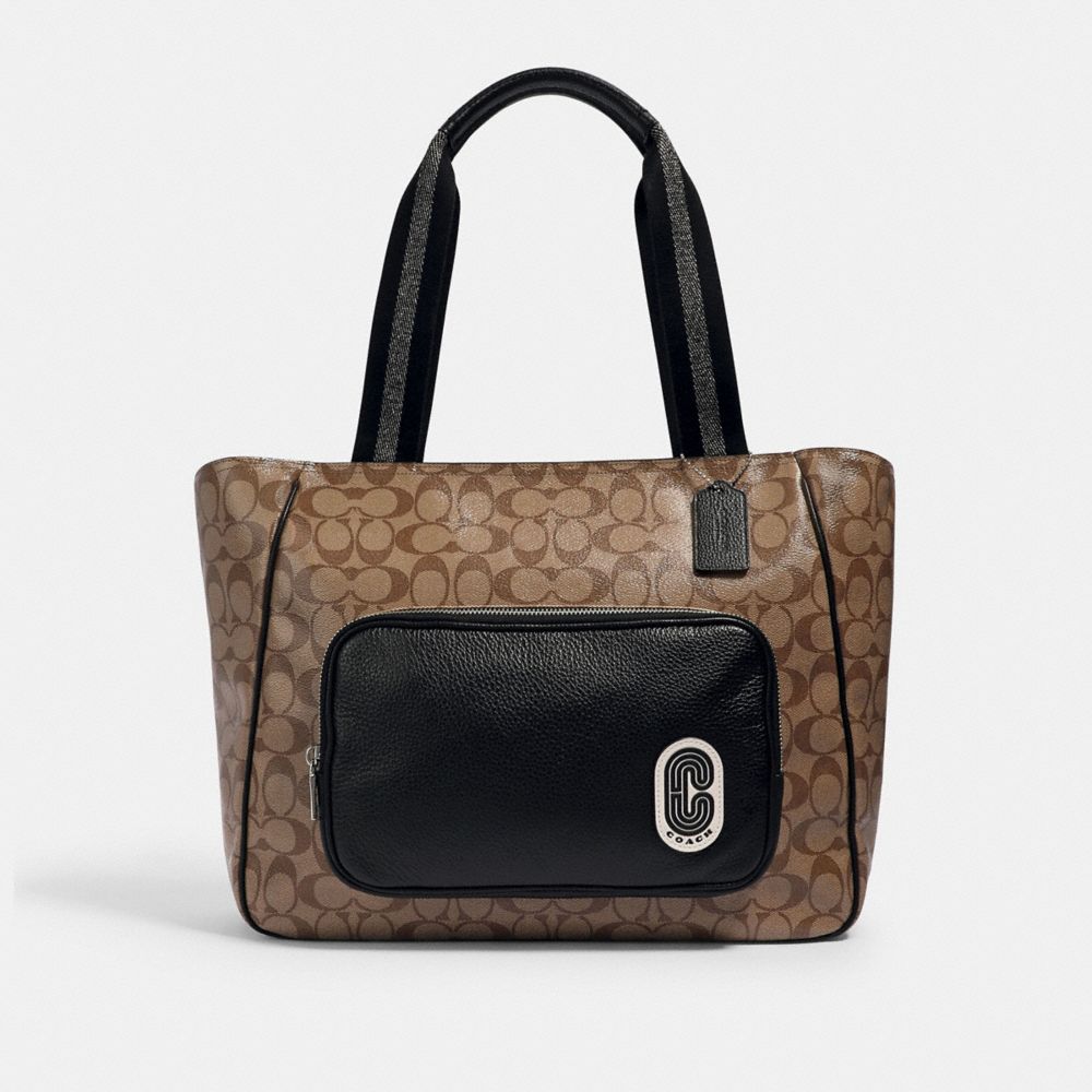 COACH COURT TOTE IN SIGNATURE CANVAS WITH COACH PATCH - SV/KHAKI/BLACK - 1708
