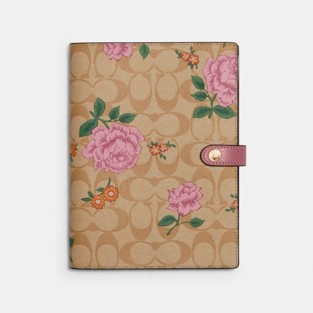 COACH 1740 NOTEBOOK IN SIGNATURE CANVAS WITH PRAIRIE ROSE PRINT LIGHT KHAKI/PINK