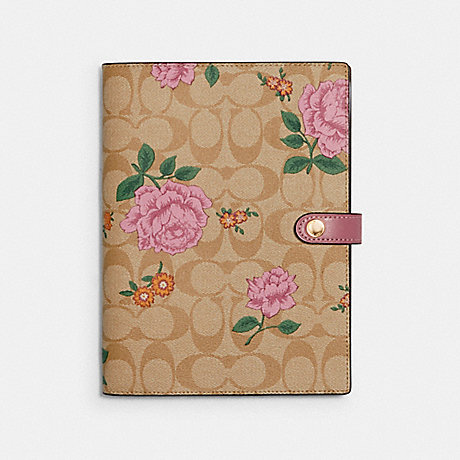 COACH NOTEBOOK IN SIGNATURE CANVAS WITH PRAIRIE ROSE PRINT - LIGHT KHAKI/PINK - 1740