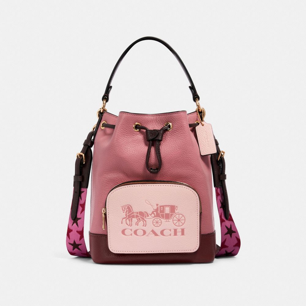 JES DRAWSTRING BUCKET BAG IN COLORBLOCK WITH HORSE AND CARRIAGE - IM/ROSE MULTI - COACH 1899