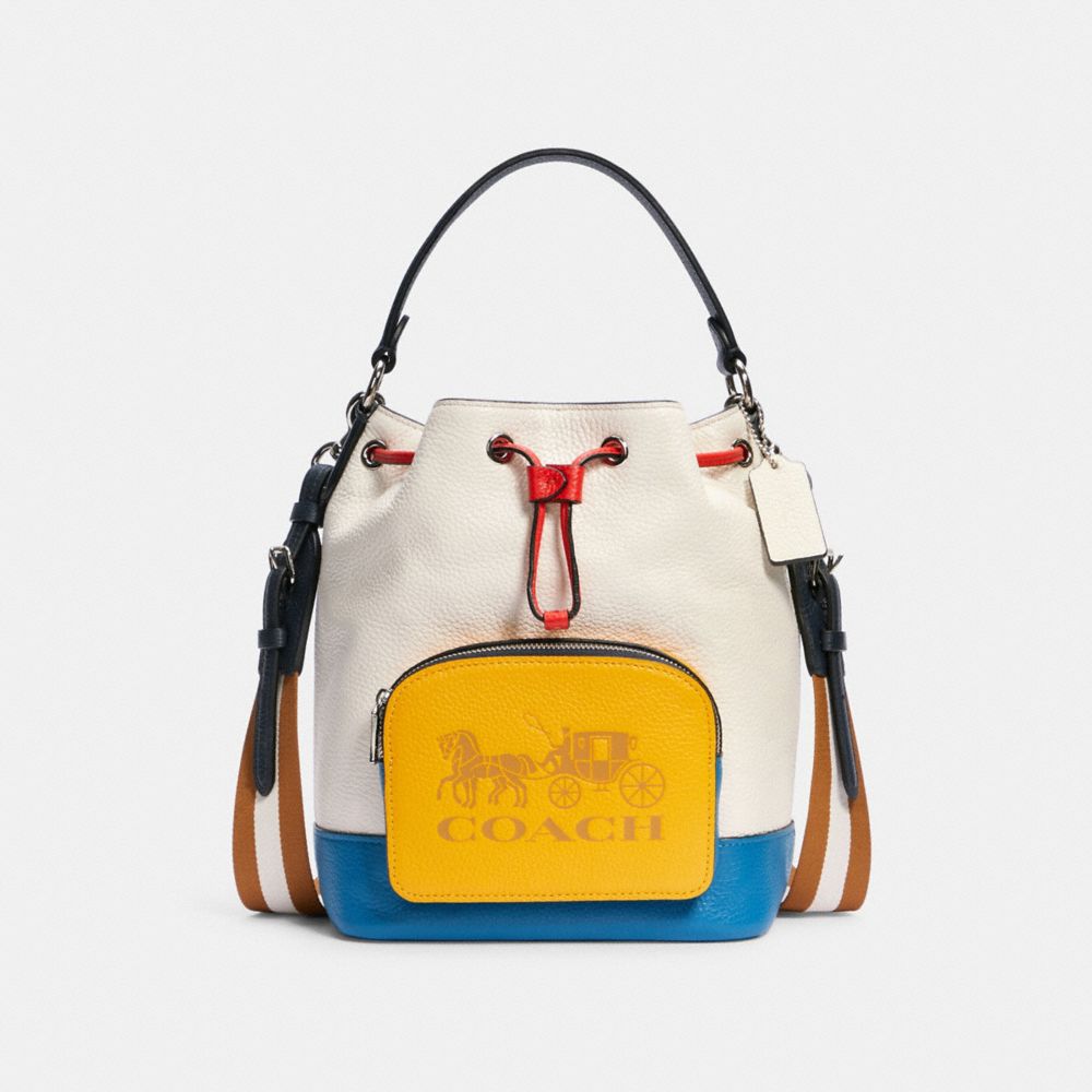 JES DRAWSTRING BUCKET BAG IN COLORBLOCK WITH HORSE AND CARRIAGE - SV/CHALK MULTI - COACH 1899