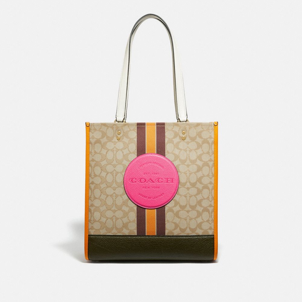 COACH 1917 DEMPSEY TOTE IN SIGNATURE JACQUARD WITH STRIPE AND COACH PATCH IM/LT KHAKI ELECTRIC PINK