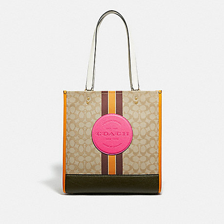 COACH 1917 DEMPSEY TOTE IN SIGNATURE JACQUARD WITH STRIPE AND COACH PATCH IM/LT KHAKI ELECTRIC PINK