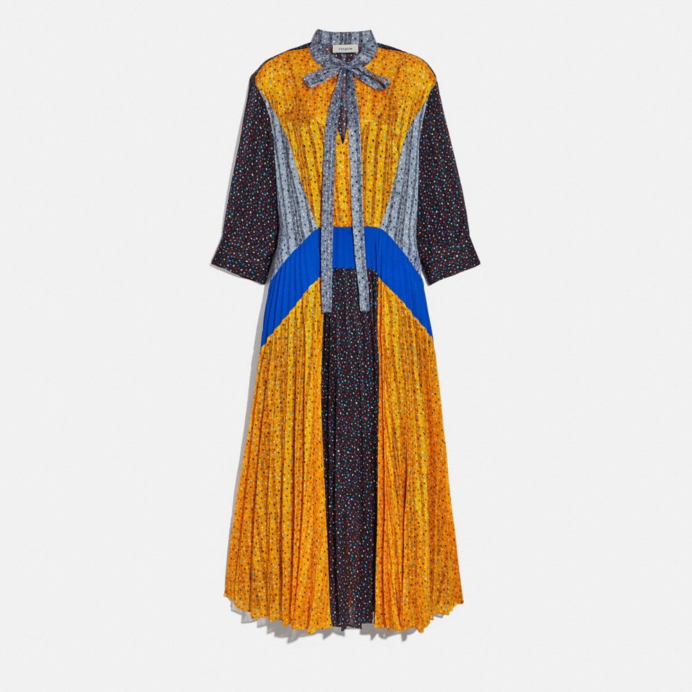 COACH 2075 Pleated Tie Dress BLUE/BLACK/YELLOW