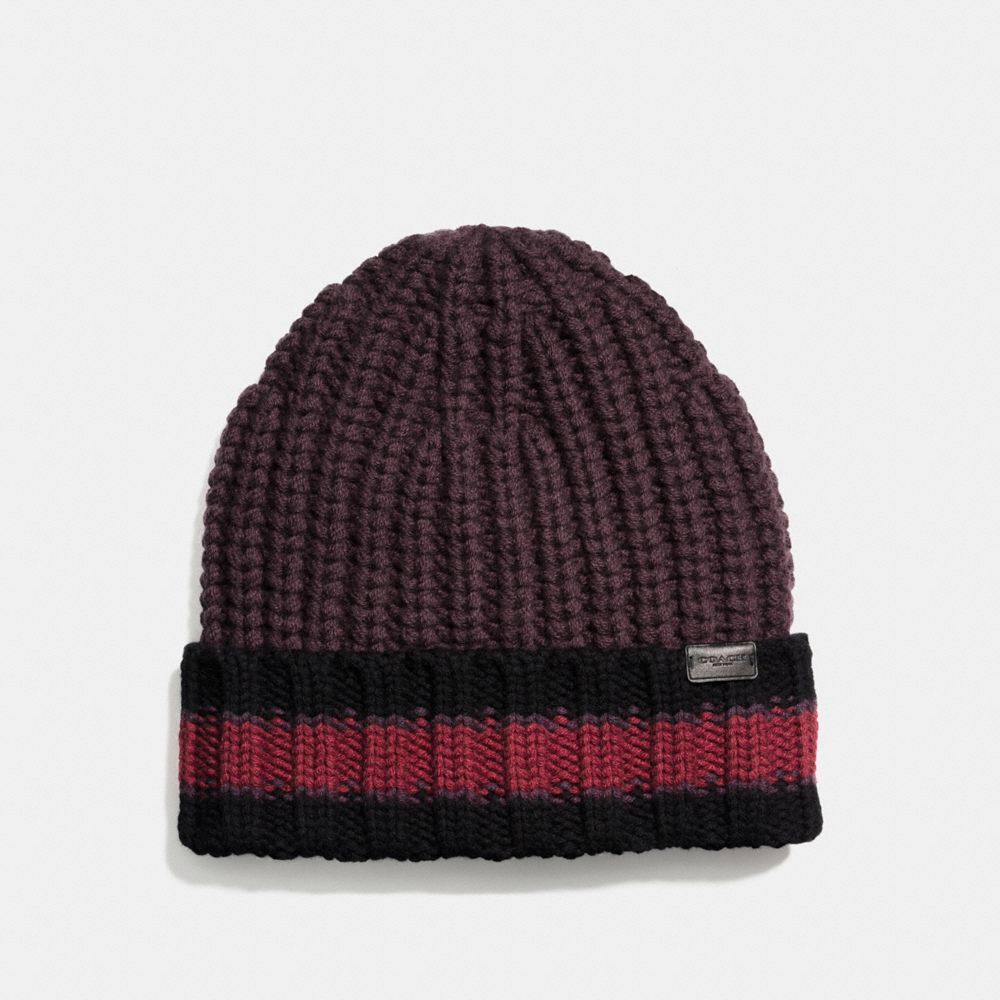 COACH 21103 VARSITY STRIPE KNIT BEANIE OXBLOOD/BLACK/DEEP ORANGE