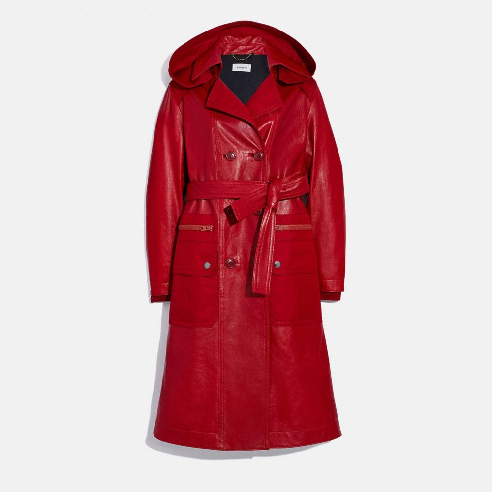 COACH 2200 LEATHER TRENCH WITH RUCHING DETAIL RED