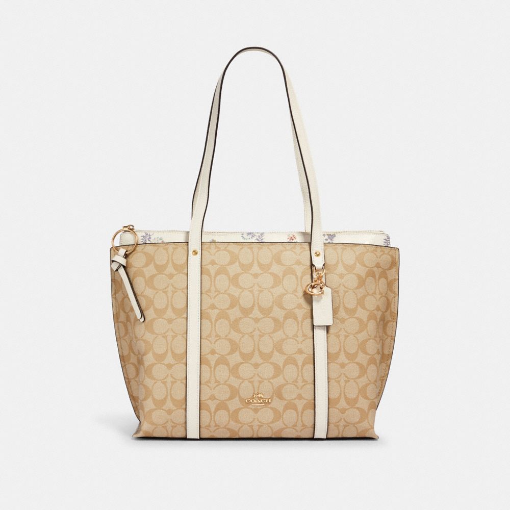 COACH MAY TOTE IN SIGNATURE CANVAS WITH DANDELION FLORAL PRINT - IM/LT KHAKI/ CHALK/ BLUE MULTI - 2320