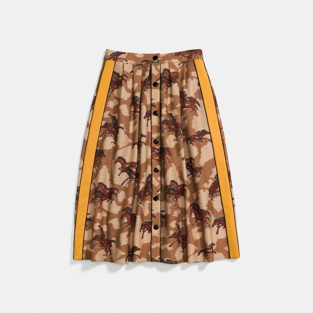 COACH 23224 HORSE PRINT PLEATED SKIRT WITH SIDE PANEL BROWN