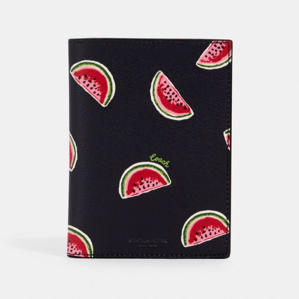 COACH PASSPORT CASE WITH WATERMELON PRINT - SV/NAVY RED MULTI - 2349