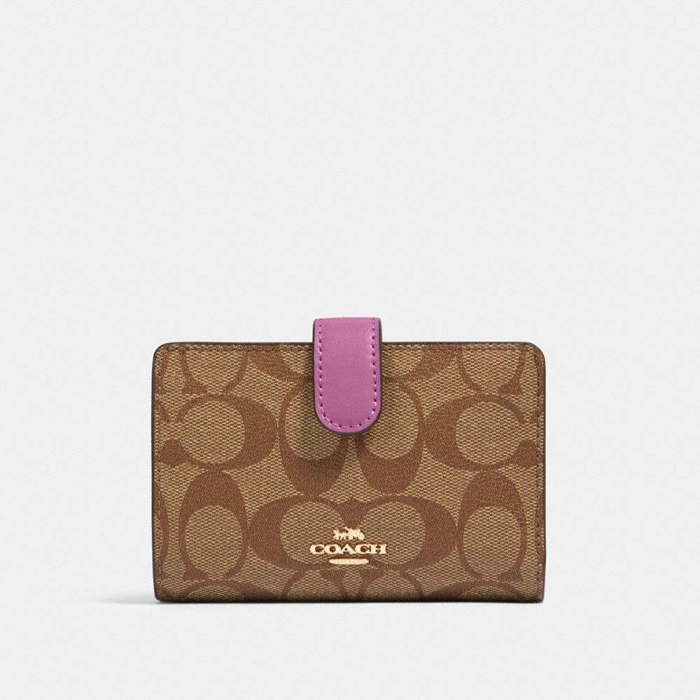 COACH 23553 Medium Corner Zip Wallet In Signature Canvas IM/KHAKI/LILAC BERRY