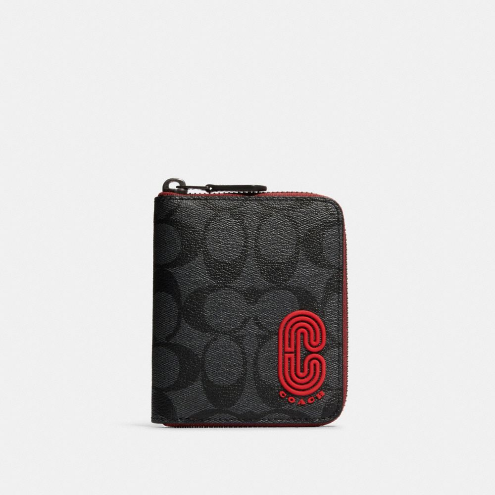 COACH MEDIUM ZIP AROUND WALLET IN SIGNATURE CANVAS WITH COACH PATCH - QB/SPORT RED CHARCOAL - 237