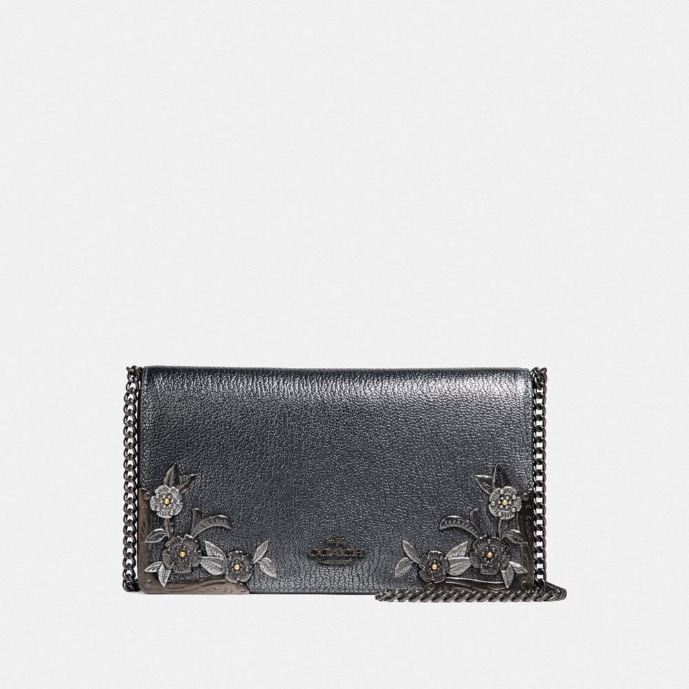 COACH CALLIE FOLDOVER CHAIN CLUTCH WITH METAL TEA ROSE - METALLIC GRAPHITE/PEWTER - 24909