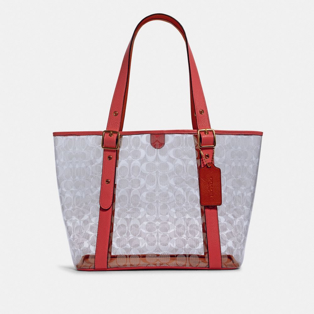 SMALL FERRY TOTE IN SIGNATURE CLEAR CANVAS - 2564 - IM/CLEAR/ PINK LEMONADE
