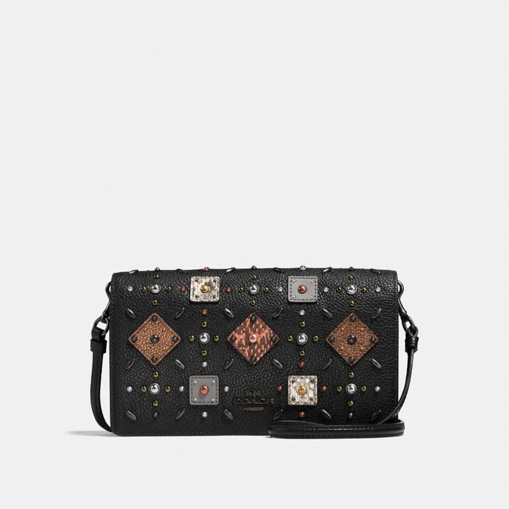 FOLDOVER CROSSBODY CLUTCH WITH PRAIRIE RIVETS AND SNAKESKIN DETAIL - 25681 - BLACK/BLACK COPPER