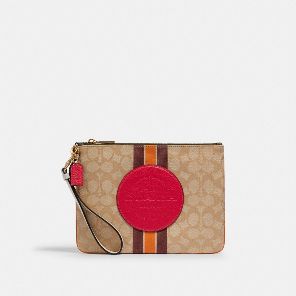 COACH 2633 DEMPSEY GALLERY POUCH IN SIGNATURE JACQUARD WITH STRIPE AND COACH PATCH IM/LT KHAKI ELECTRIC PINK