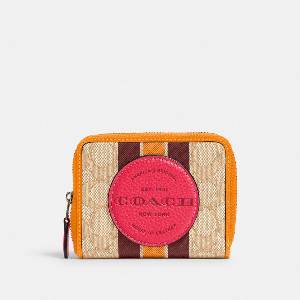 COACH 2637 DEMPSEY SMALL ZIP AROUND WALLET IN SIGNATURE JACQUARD WITH STRIPE AND COACH PATCH IM/LT KHAKI ELECTRIC PINK