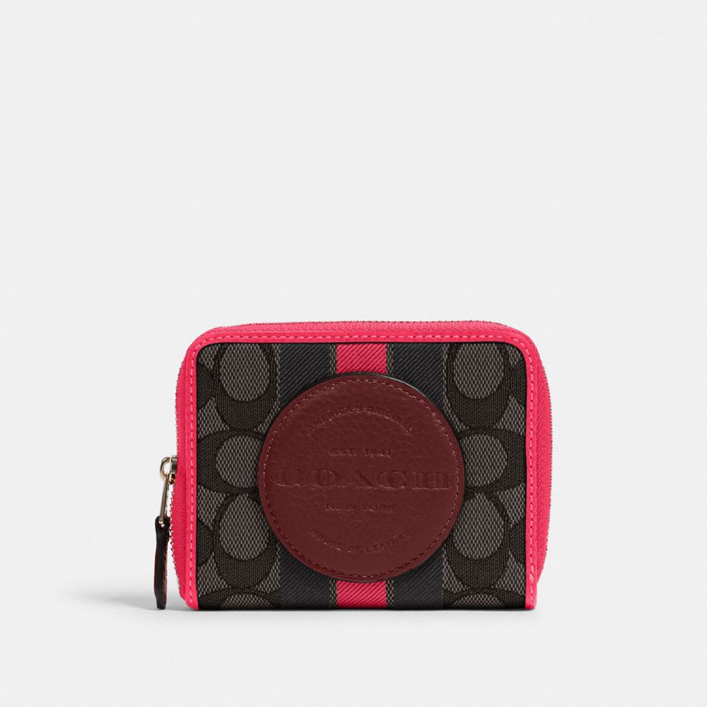 COACH 2637 - DEMPSEY SMALL ZIP AROUND WALLET IN SIGNATURE JACQUARD WITH STRIPE AND COACH PATCH IM/BLACK WINE MULTI