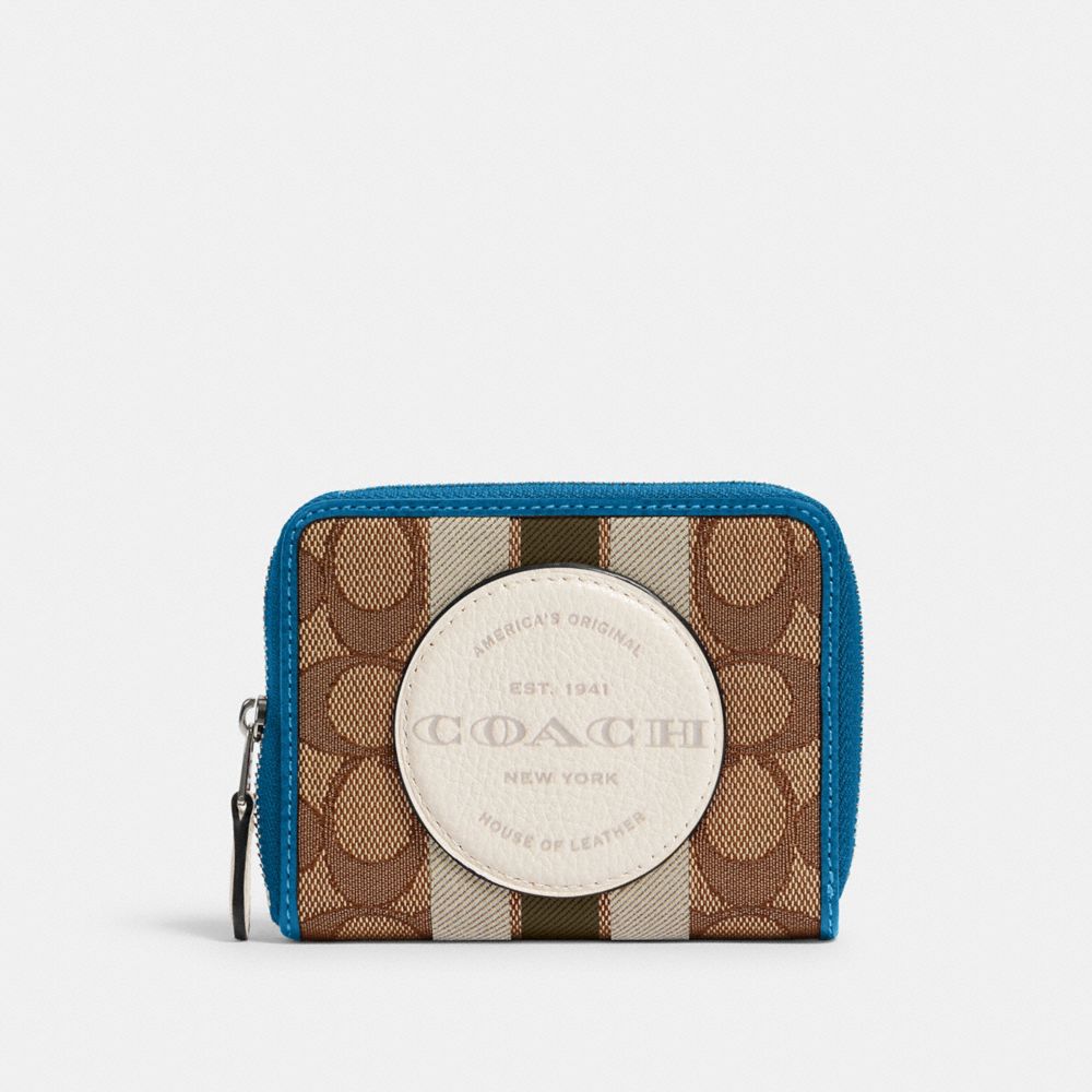 DEMPSEY SMALL ZIP AROUND WALLET IN SIGNATURE JACQUARD WITH STRIPE AND COACH PATCH - 2637 - SV/KHAKI CLK PALE GREEN MULTI