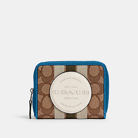 COACH DEMPSEY SMALL ZIP AROUND WALLET IN SIGNATURE JACQUARD WITH STRIPE AND COACH PATCH - SV/KHAKI CLK PALE GREEN MULTI - 2637