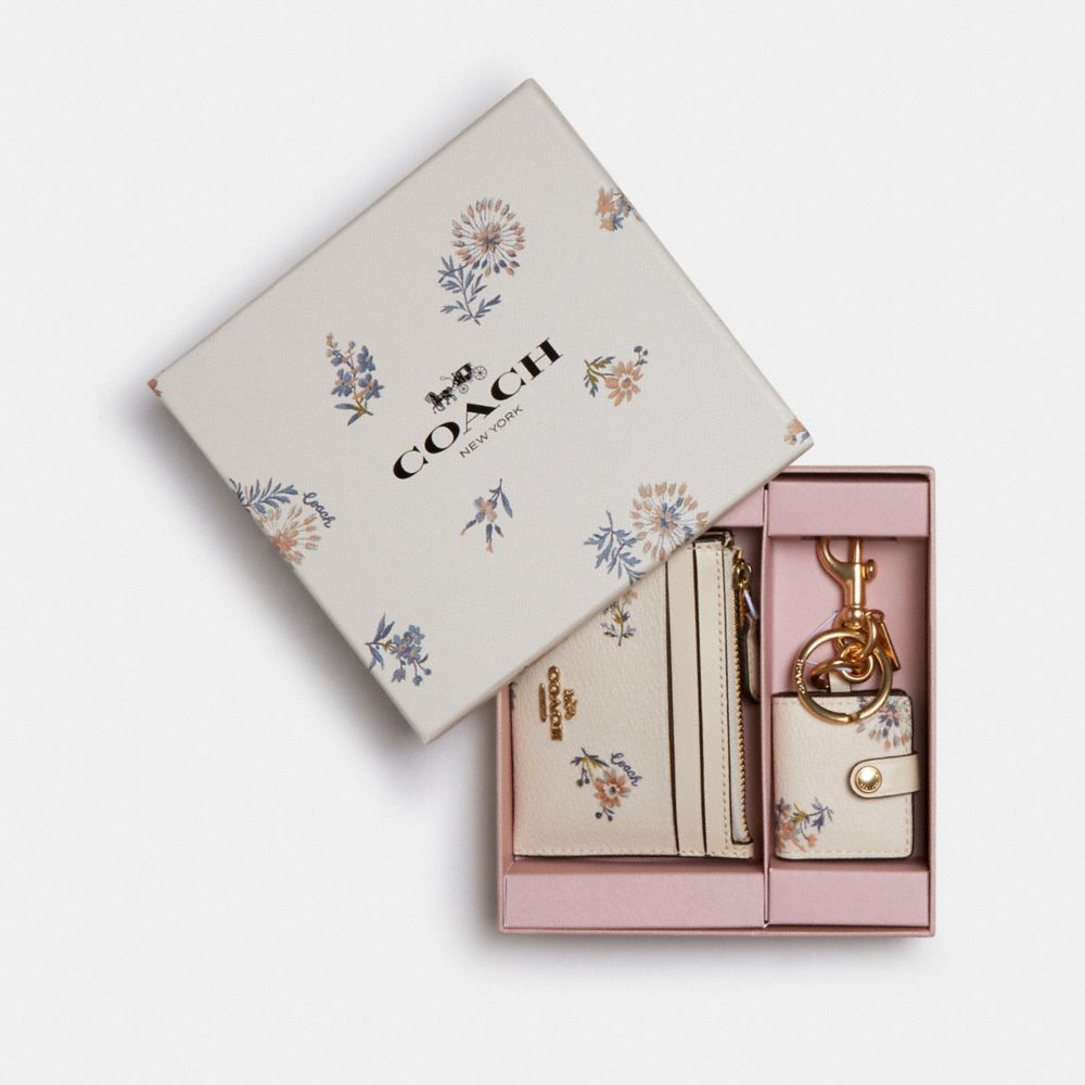 BOXED MINI SKINNY ID CASE AND PICTURE FRAME BAG CHARM SET WITH DANDELION FLORAL PRINT - IM/CHALK/ BLUE MULTI - COACH 2670