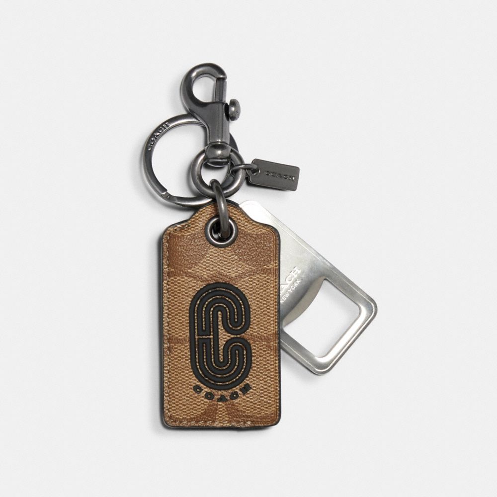 BOTTLE OPENER KEY FOB IN SIGNATURE CANVAS WITH COACH PATCH - 2677 - QB/TAN BLACK