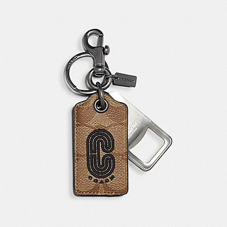 COACH BOTTLE OPENER KEY FOB IN SIGNATURE CANVAS WITH COACH PATCH - QB/TAN BLACK - 2677