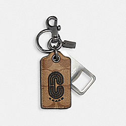 COACH 2677 Bottle Opener Key Fob In Signature Canvas With Coach Patch QB/TAN BLACK