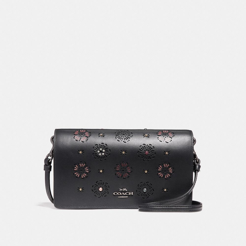 FOLDOVER CROSSBODY CLUTCH WITH CUT OUT TEA ROSE - 27087 - BLACK/DARK GUNMETAL