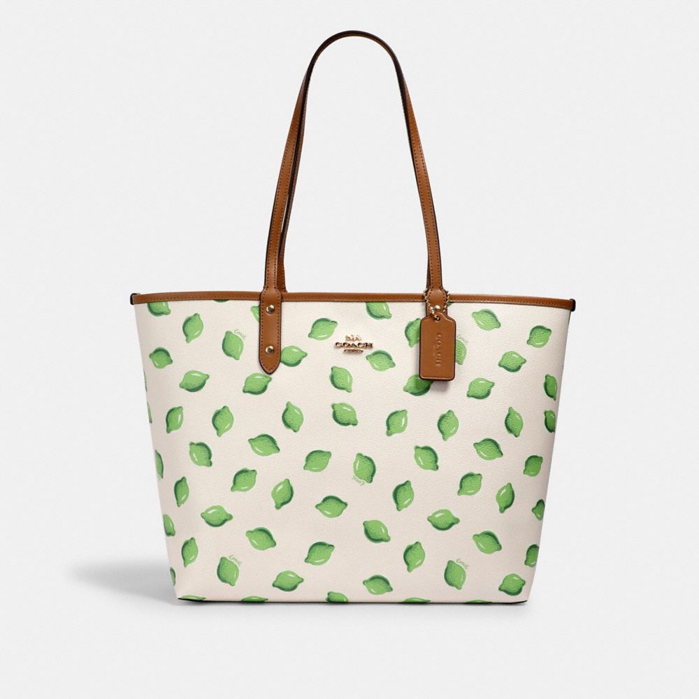 COACH REVERSIBLE CITY TOTE WITH LIME PRINT - IM/CHALK GREEN MULTI/LT SADDLE - 2782