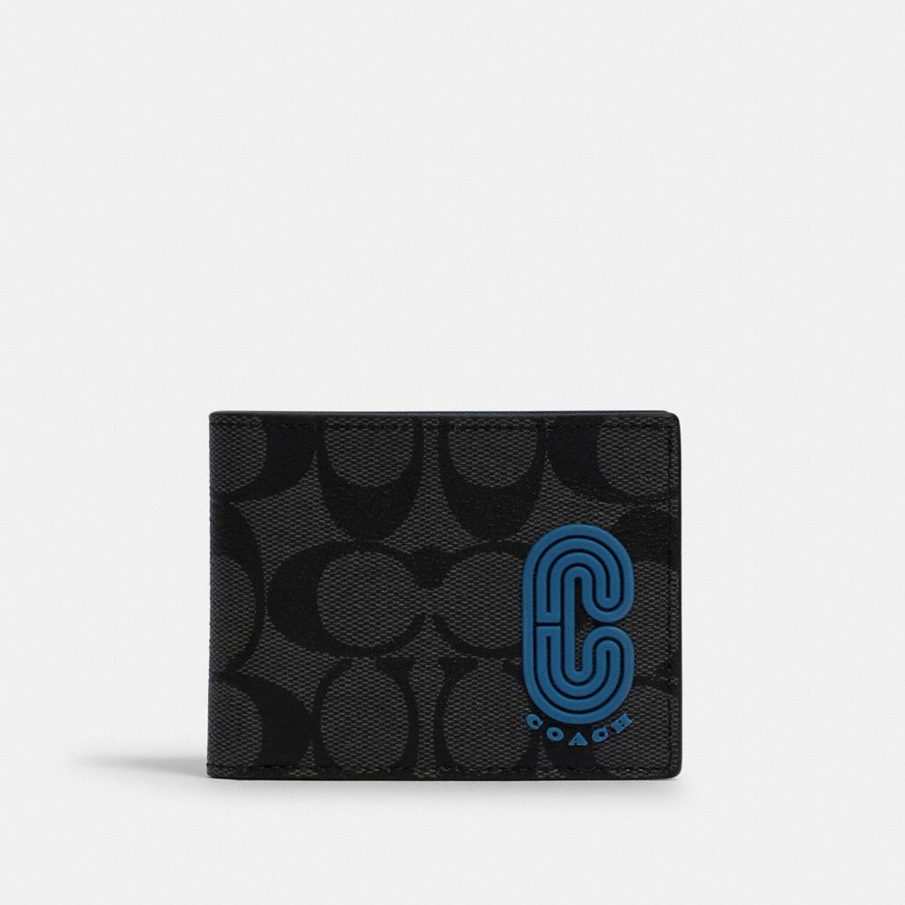 COACH 2819 SLIM BILLFOLD WALLET IN COLORBLOCK SIGNATURE CANVAS WITH COACH PATCH QB/CHARCOAL/ BLUE JAY MULTI