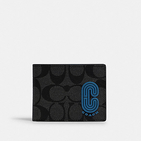 COACH 2819 SLIM BILLFOLD WALLET IN COLORBLOCK SIGNATURE CANVAS WITH COACH PATCH QB/CHARCOAL/-BLUE-JAY-MULTI