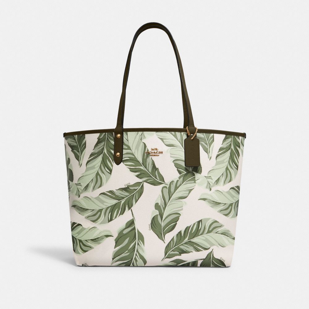 COACH 2850 REVERSIBLE CITY TOTE WITH BANANA LEAVES PRINT SV/CRGO GRN CHLK MLTI/CRGO GRN