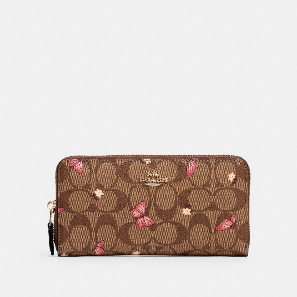 COACH 2858 Accordion Zip Wallet In Signature Canvas With Butterfly Print IM/KHAKI PINK MULTI