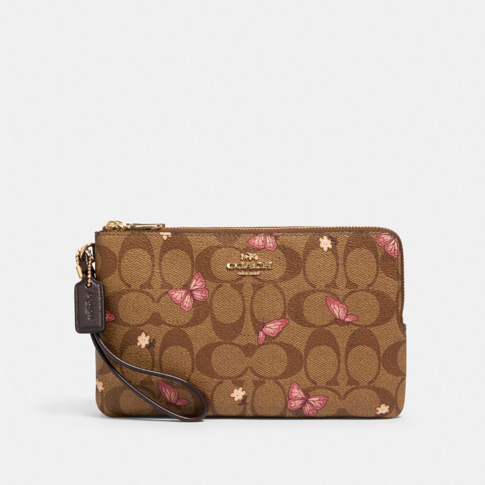 COACH DOUBLE ZIP WALLET IN SIGNATURE CANVAS WITH BUTTERFLY PRINT - IM/KHAKI PINK MULTI - 2874