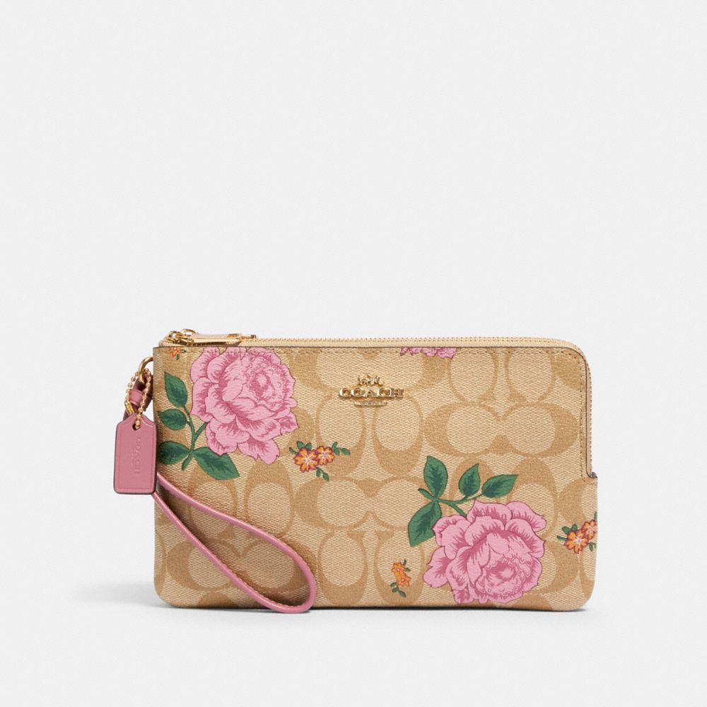 DOUBLE ZIP WALLET IN SIGNATURE CANVAS WITH PRAIRIE ROSE PRINT - IM/KHAKI MULTI - COACH 2875