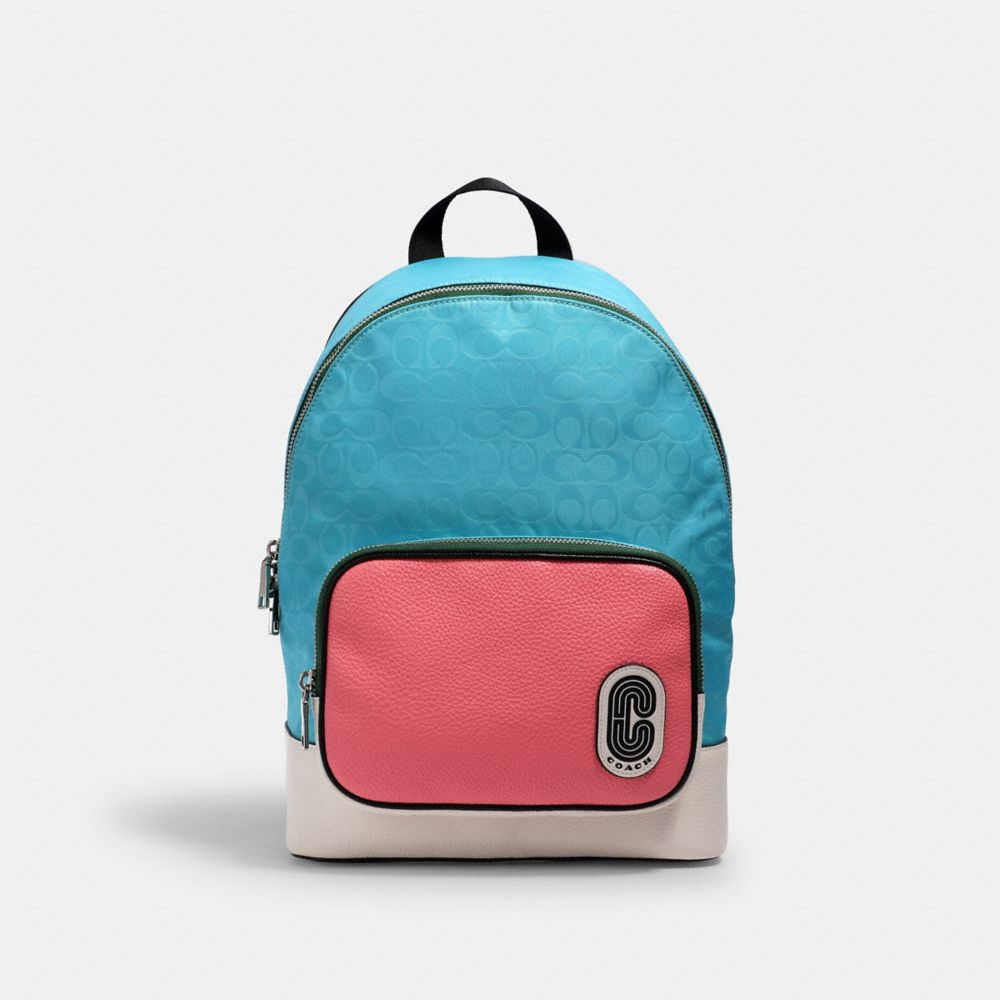 COACH 2908 COURT BACKPACK IN SIGNATURE NYLON WITH COACH PATCH SV/AQUA PINK LEMONADE