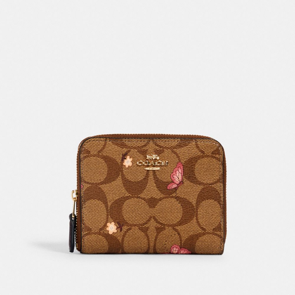 COACH SMALL ZIP AROUND WALLET IN SIGNATURE CANVAS WITH BUTTERFLY PRINT - IM/KHAKI PINK MULTI - 2915