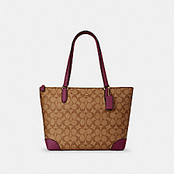 ZIP TOP TOTE IN SIGNATURE CANVAS - 29208 - IM/KHAKI DARK BERRY