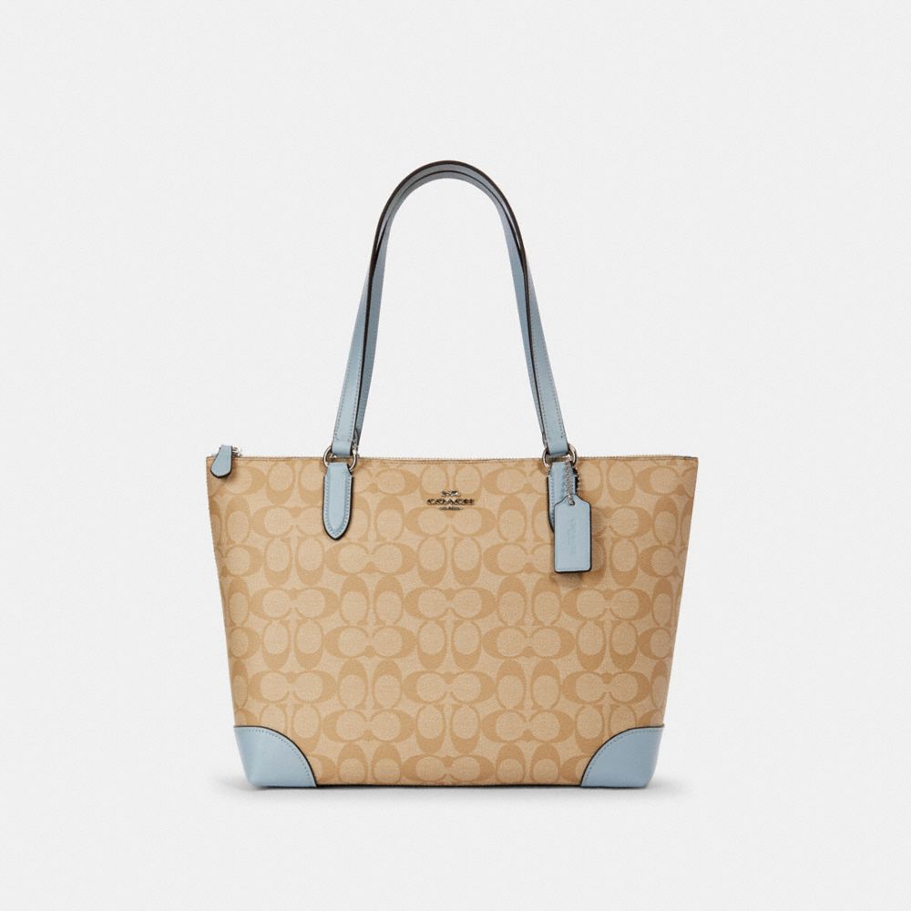 COACH 29208 Zip Top Tote In Signature Canvas SV/LIGHT KHAKI PALE BLUE