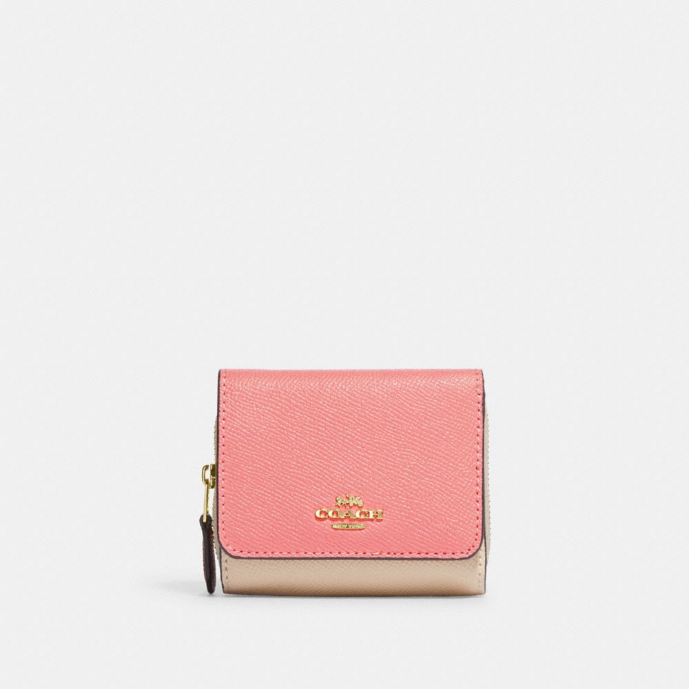 COACH 2923 Small Trifold Wallet In Colorblock GOLD/CANDY PINK MULTI