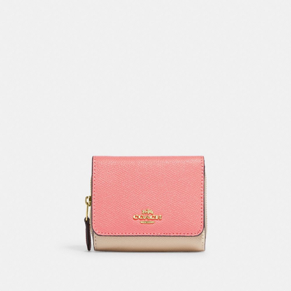 COACH 2923 Small Trifold Wallet In Colorblock Gold/Candy Pink Multi