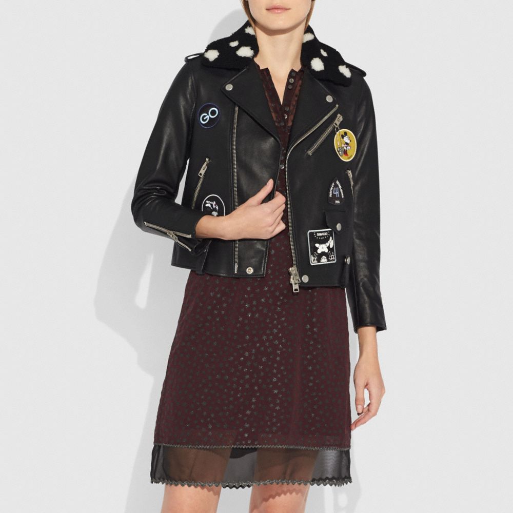 COACH EMBELLISHED MOTO JACKET WITH PATCHES - BLACK - 29451