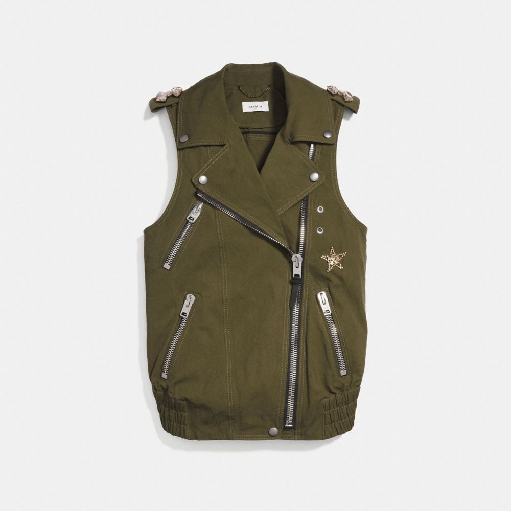 CRYSTAL EMBELLISHED OVERSIZED VEST - KHAKI GREEN - COACH 29465