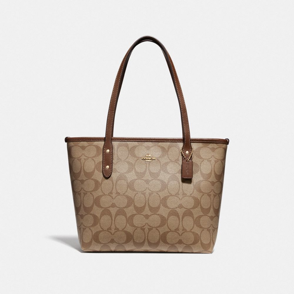 MINI CITY ZIP TOTE IN SIGNATURE CANVAS - IM/KHAKI SADDLE 2 - COACH 29500