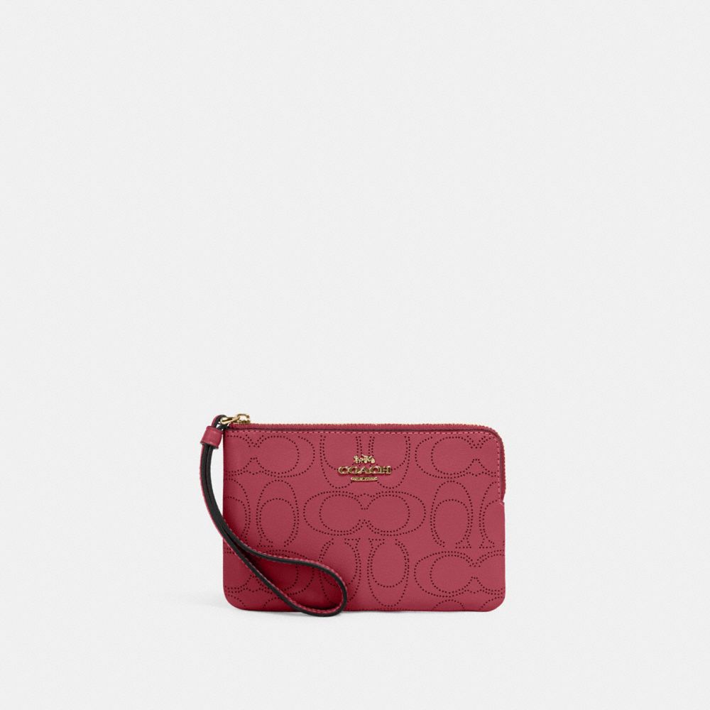 COACH 2961 Corner Zip Wristlet In Signature Leather Gold/Rouge